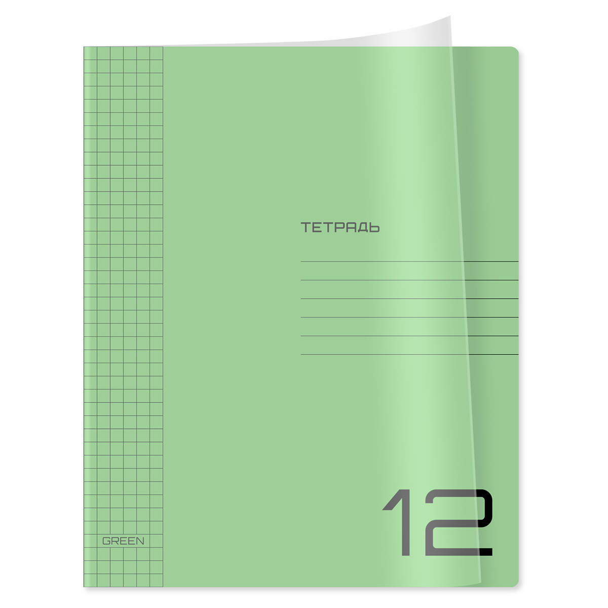 Тетрадь 12л. клетка BG "UniTone. Green", пластиковая прозрачная обложка