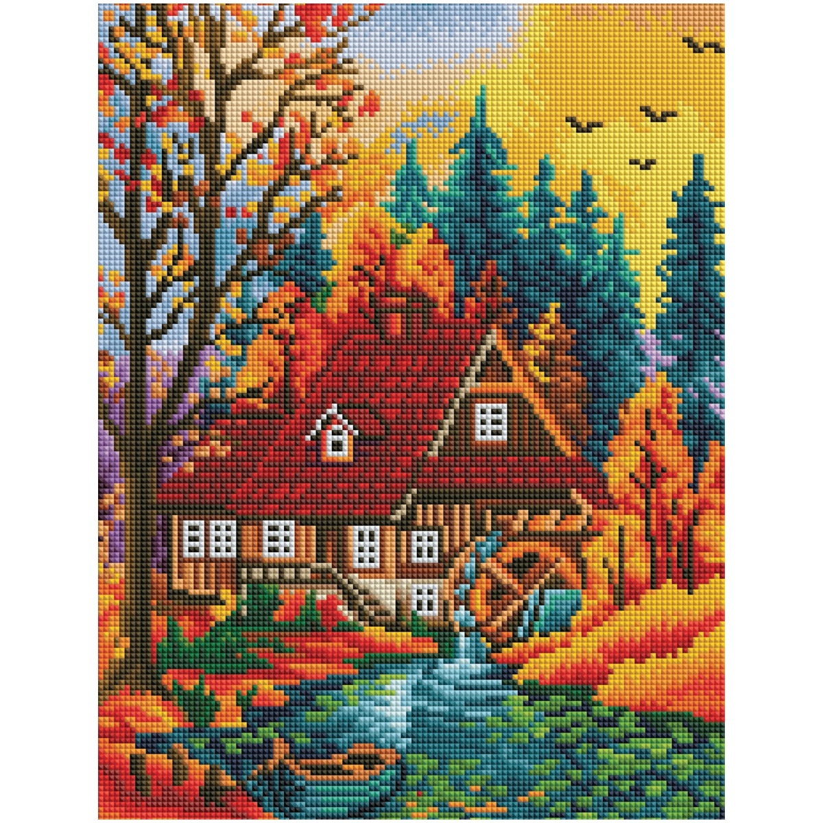 Алмазная мозаика ТРИ СОВЫ Дом в осеннем лесу 30*40см холст на деревянном подрамнике картонная коробка с пластиковой ручкой