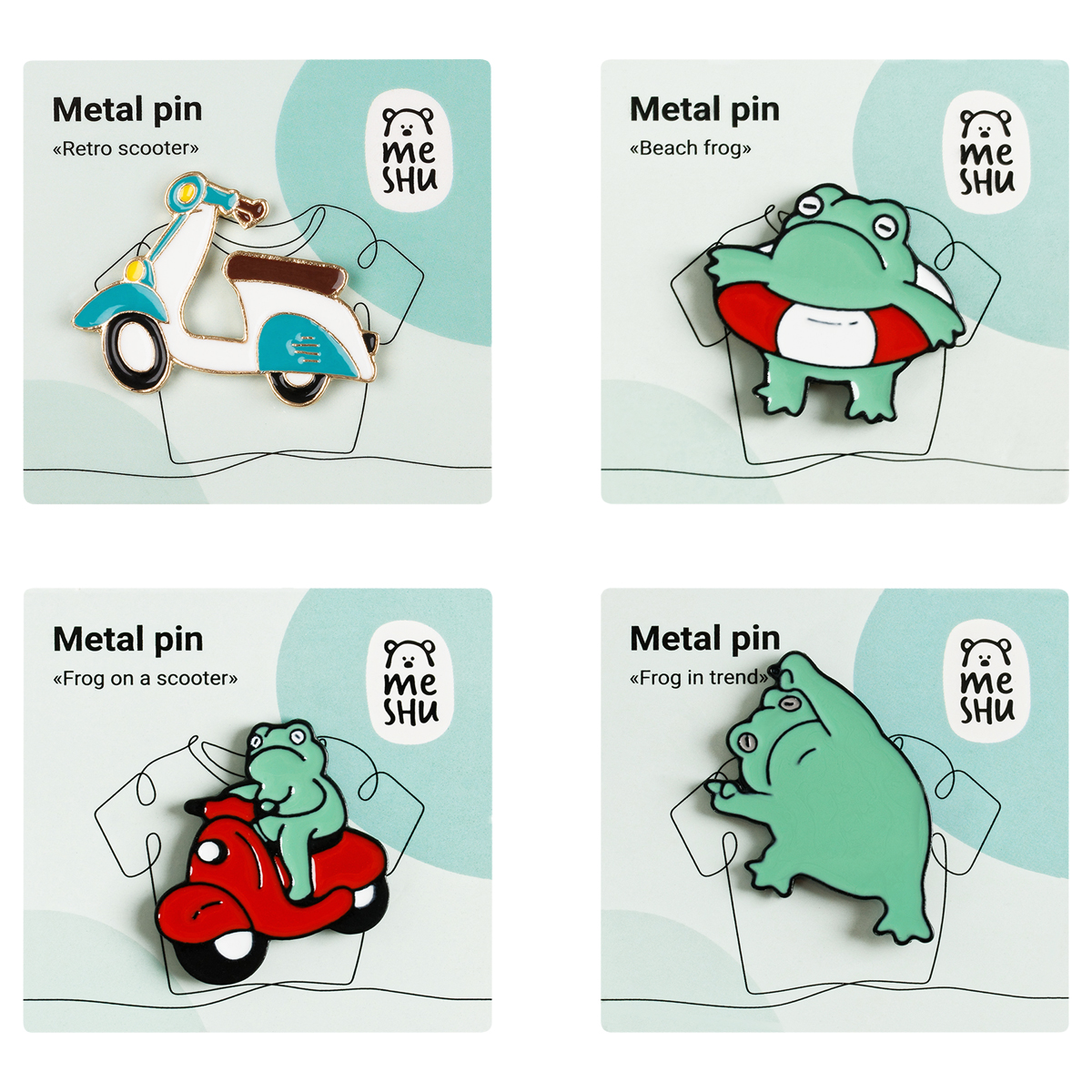 Набор металлических значков MESHU "Frog in trend", эмаль, 4шт