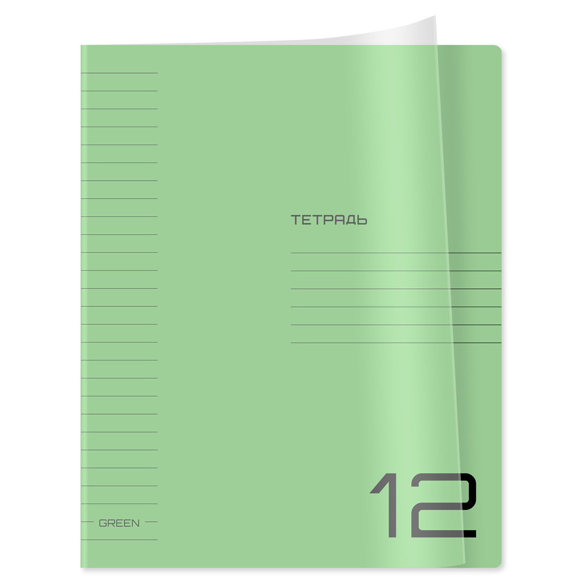 Тетрадь 12л. линия BG "UniTone. Green", пластиковая прозрачная обложка