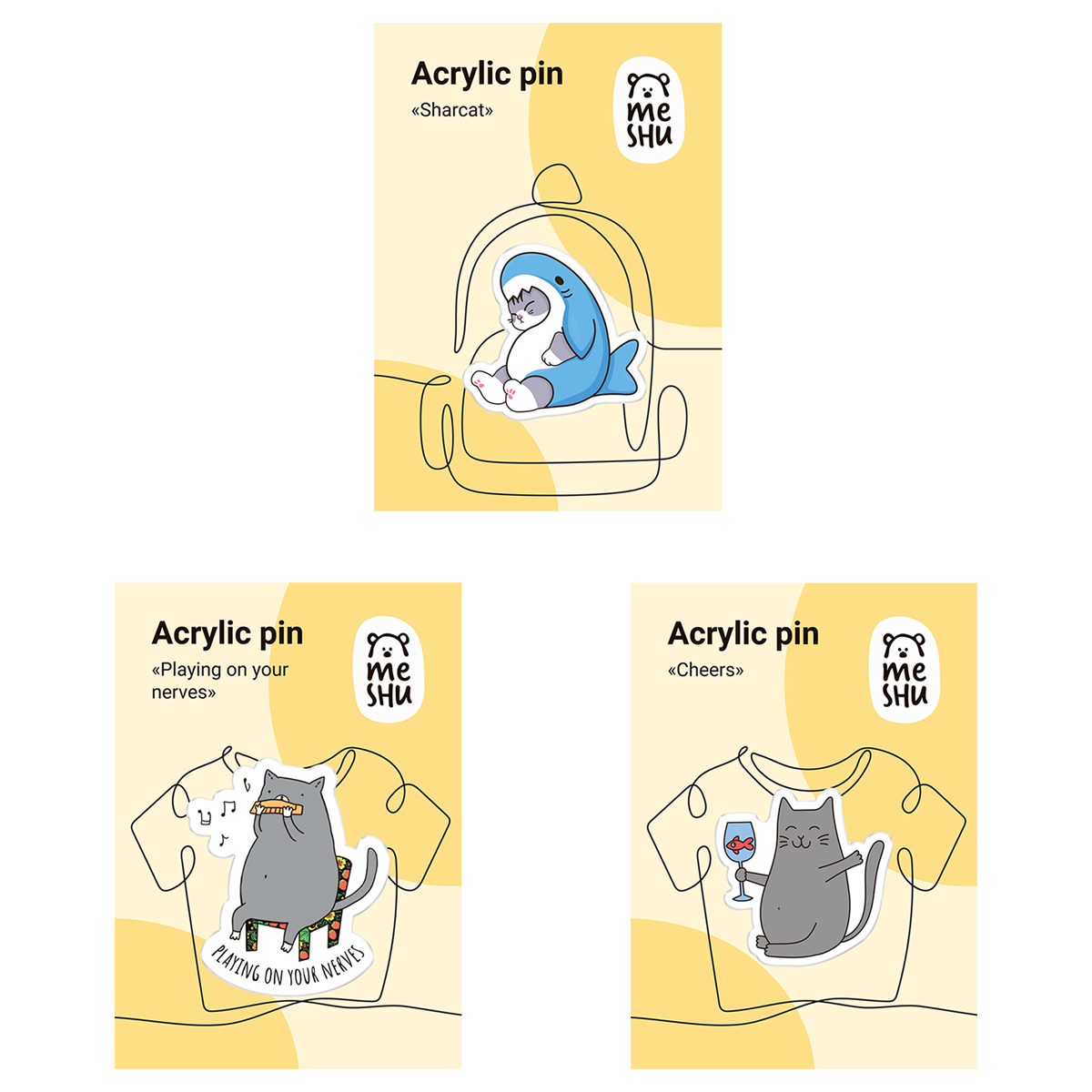 Набор акриловых значков MESHU Gray cats, прямая УФ-печать, 3шт.