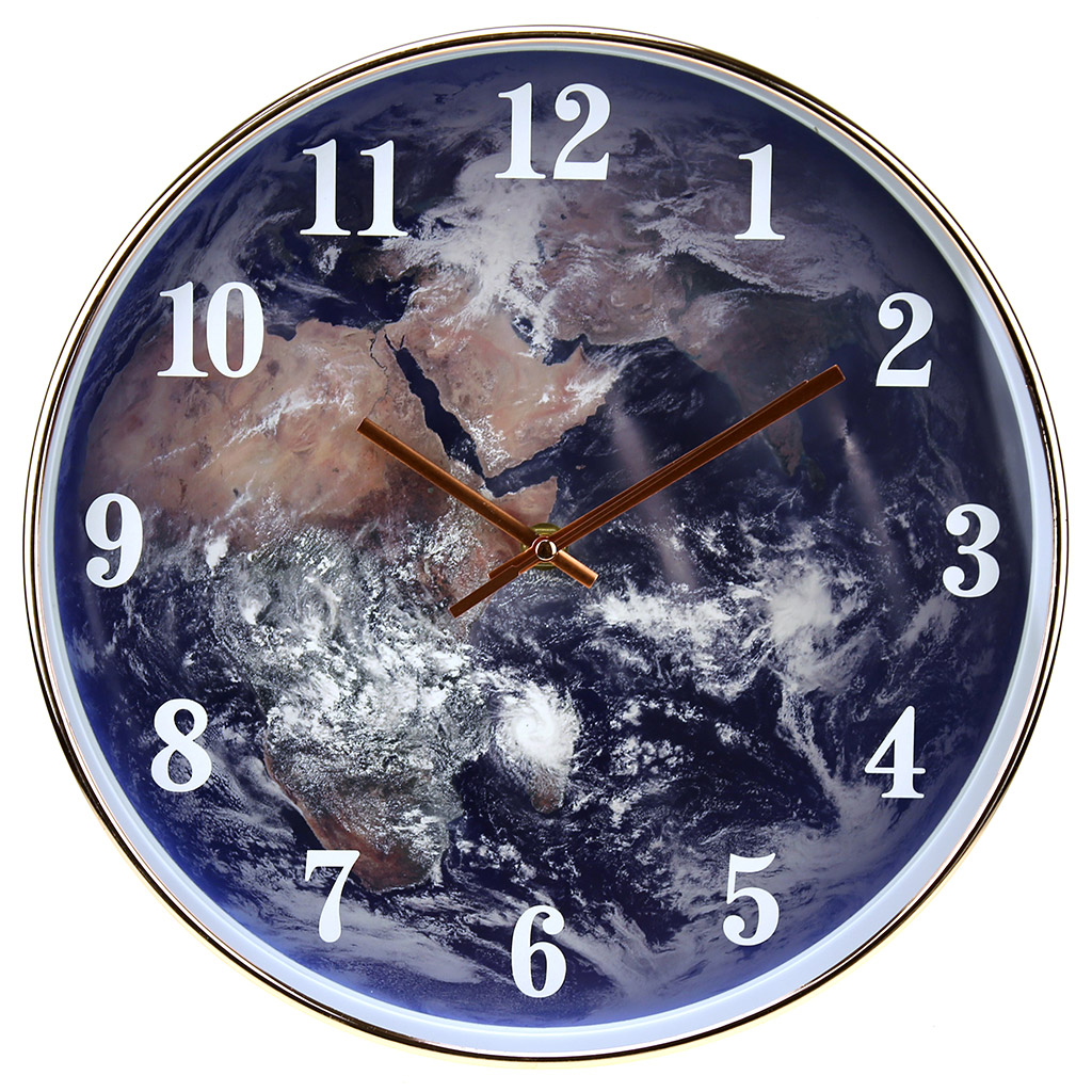 Часы настенные "Земля" д30х4,4см, мягкий ход, циферблат фотопечать, пластм. медный (Китай)