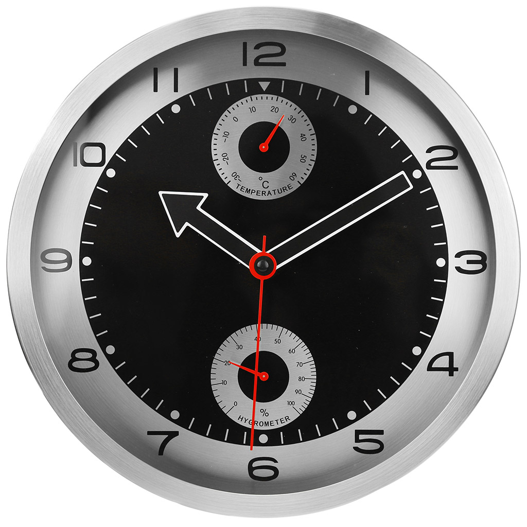 Часы настенные "Прайм-3" д30,5х4см, мягкий ход, циферблат черный, с термометром и гигрометром, нержавеющая сталь (Китай)