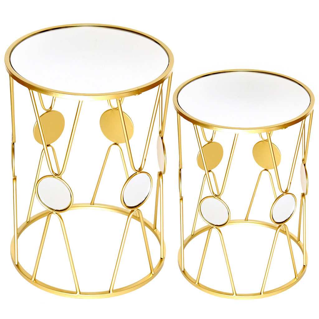 Дизайнерские столики, набор 2 штуки: д40см h54см, д33см h45см, металлический каркас, порошковая матовая эмаль под золото, столешница - зеркальная (Китай)
