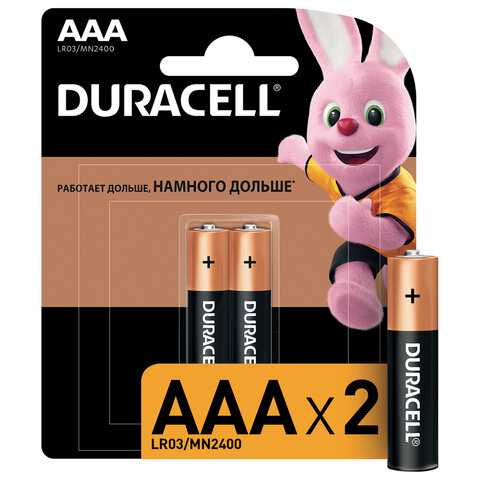 Батарейки КОМПЛЕКТ 2 шт., DURACELL Basic, AAA (LR03, 24А), алкалиновые, мизинчиковые, блистер