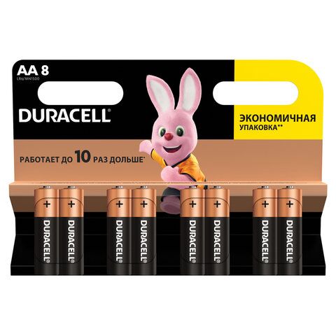 Батарейки КОМПЛЕКТ 8 шт., DURACELL Basic, AA (LR06, 15А), алкалиновые, пальчиковые, блистер