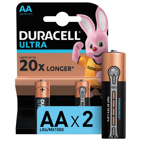Батарейки КОМПЛЕКТ 2 шт., DURACELL Ultra, AA (LR06, 15А), алкалиновые, пальчиковые, блистер