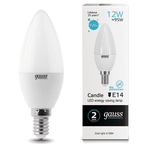 Лампа светодиодная GAUSS, 12(95)Вт, цоколь Е14, свеча, нейтральный белый, 25000 ч, LED B37-12W-4100-E14, 33122