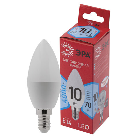 Лампа светодиодная ЭРА, 10(70)Вт, цоколь Е14, свеча, нейтральный белый, 25000 ч, LED B35-10W-4000-E14, Б0049642