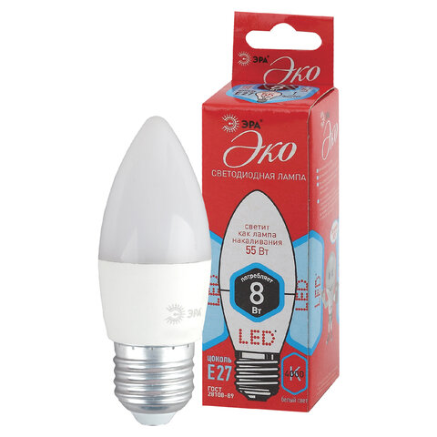 Лампа светодиодная ЭРА, 8(55)Вт, цоколь Е27, свеча, нейтральный белый, 25000 ч, ECO LED B35-8W-4000-E27, Б0030021