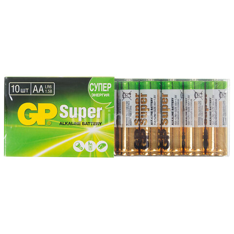 Батарейки GP Super, AA (LR6,15А), алкалиновые, пальчиковые, КОМПЛЕКТ 10 шт, в пленке,, GP 15A-2CRB10