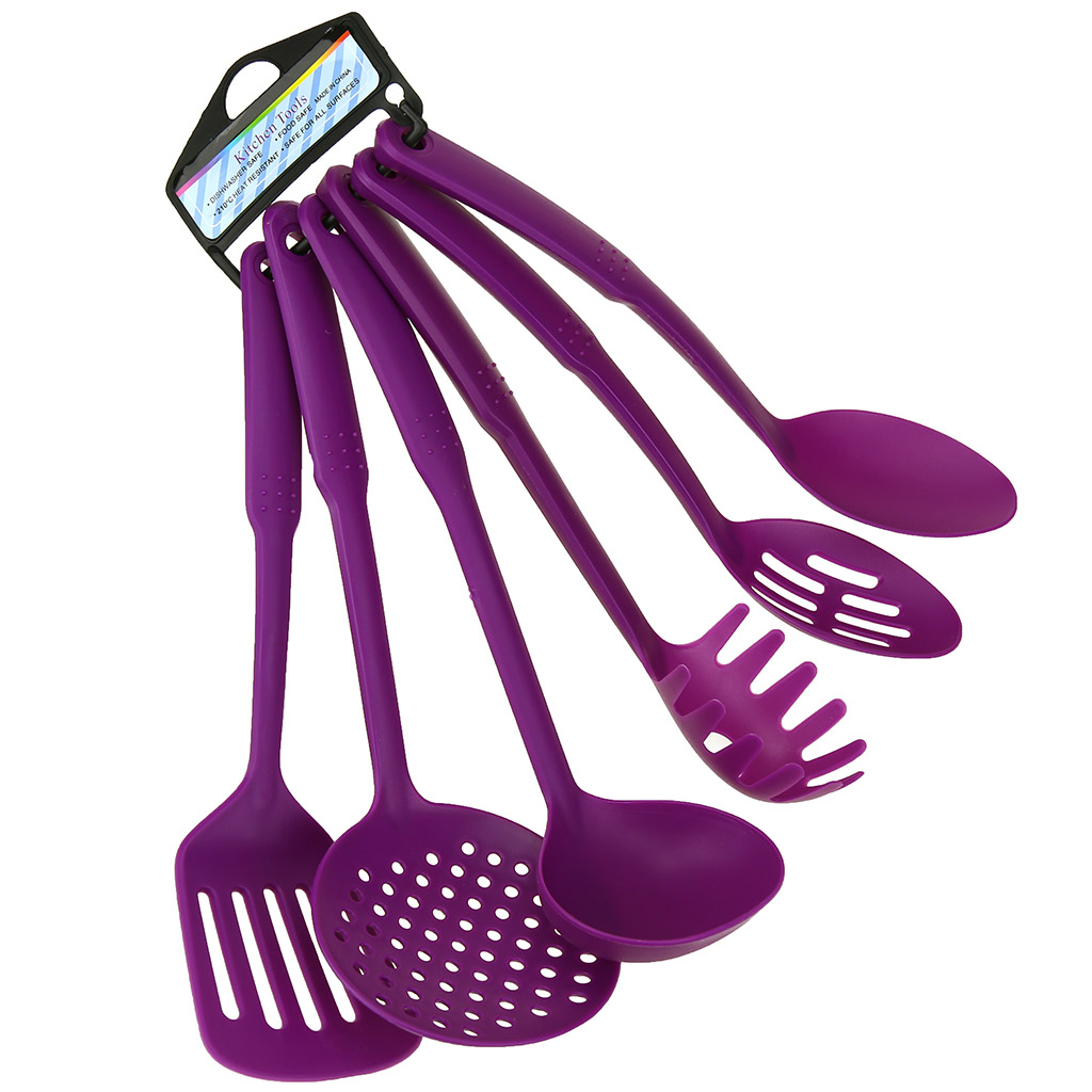 Кухонный набор для тефлоновой посуды пластмассовый 6 предметов: ложка 30см, ложка с прорезями 30см, лопатка с прорезями 31,5см, ложка для спагетти 29,5см, половник 100мл 31см, шумовка 33см, фиолетовый