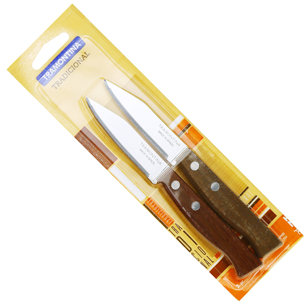 "Tramontina Traditional" Нож для овощей 8см, деревянная ручка, с зубцами, в блистере, набор 2шт (Бразилия)