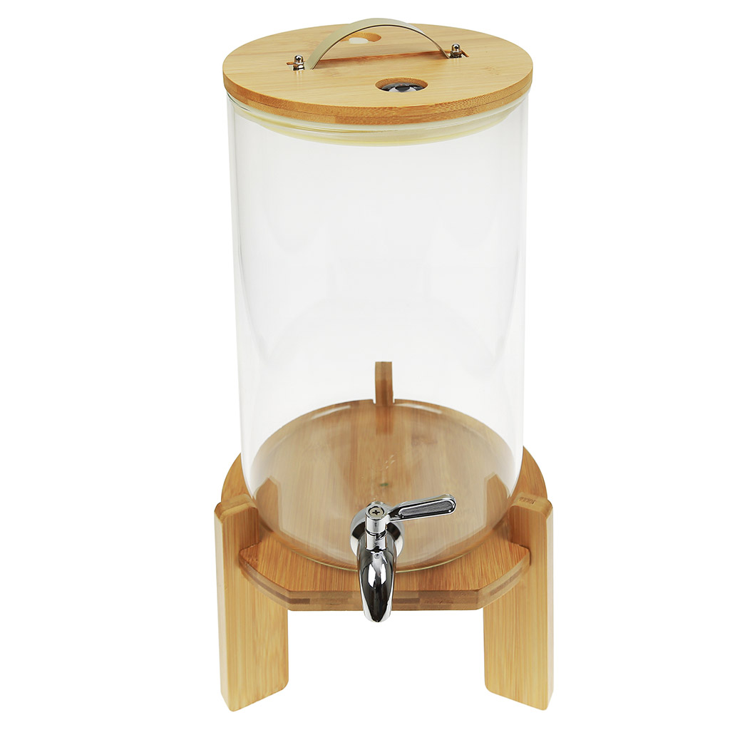 Лимонадник стеклянный с прижимной крышкой "Натурель" 8л, д20см h30см, s4,5мм, с краником, бамбуковая крышка с силиконовым уплотнителем, с термометром, с клапаном, бамбуковая подставка 23х23см h15см, в