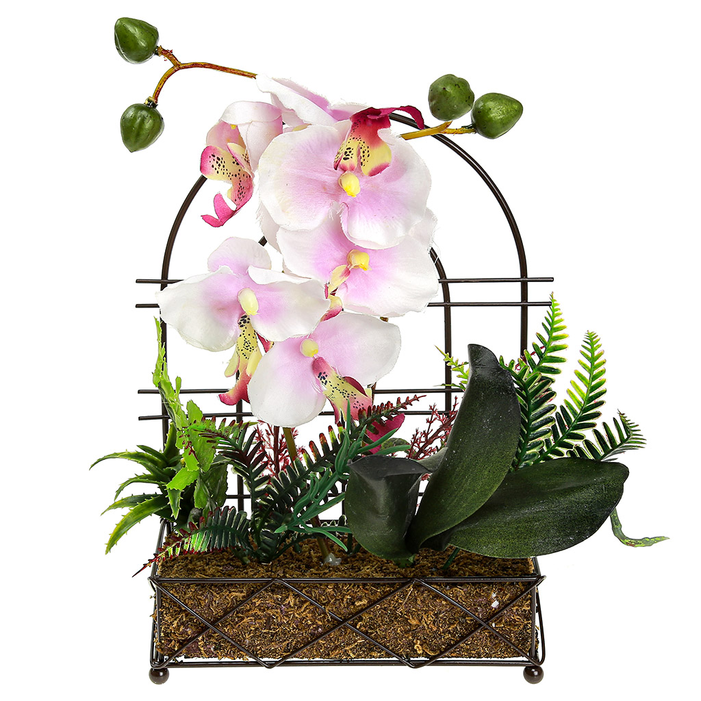 Цветочная композиция "Орхидея" 26см, в металлическом кашпо 15х6,5см h22см, цвет бело-сиреневый (Китай)