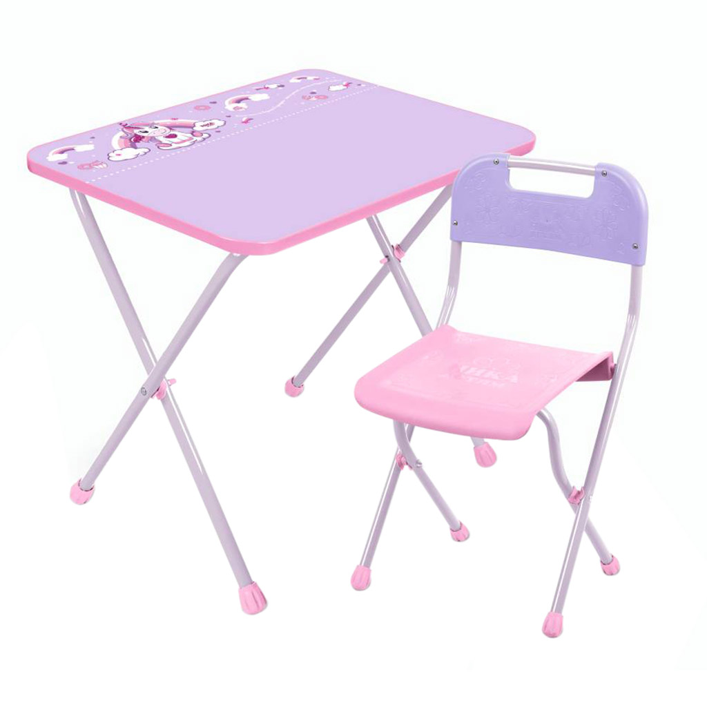 Комплект детской мебели "Алина 2. Единорог" 2 предмета: стол ЛДСП складной 60х45х58см, стул пластмассовый складной h35см 29х26см, металлический каркас, для детей в возрасте от 3 до 7 лет (Россия)