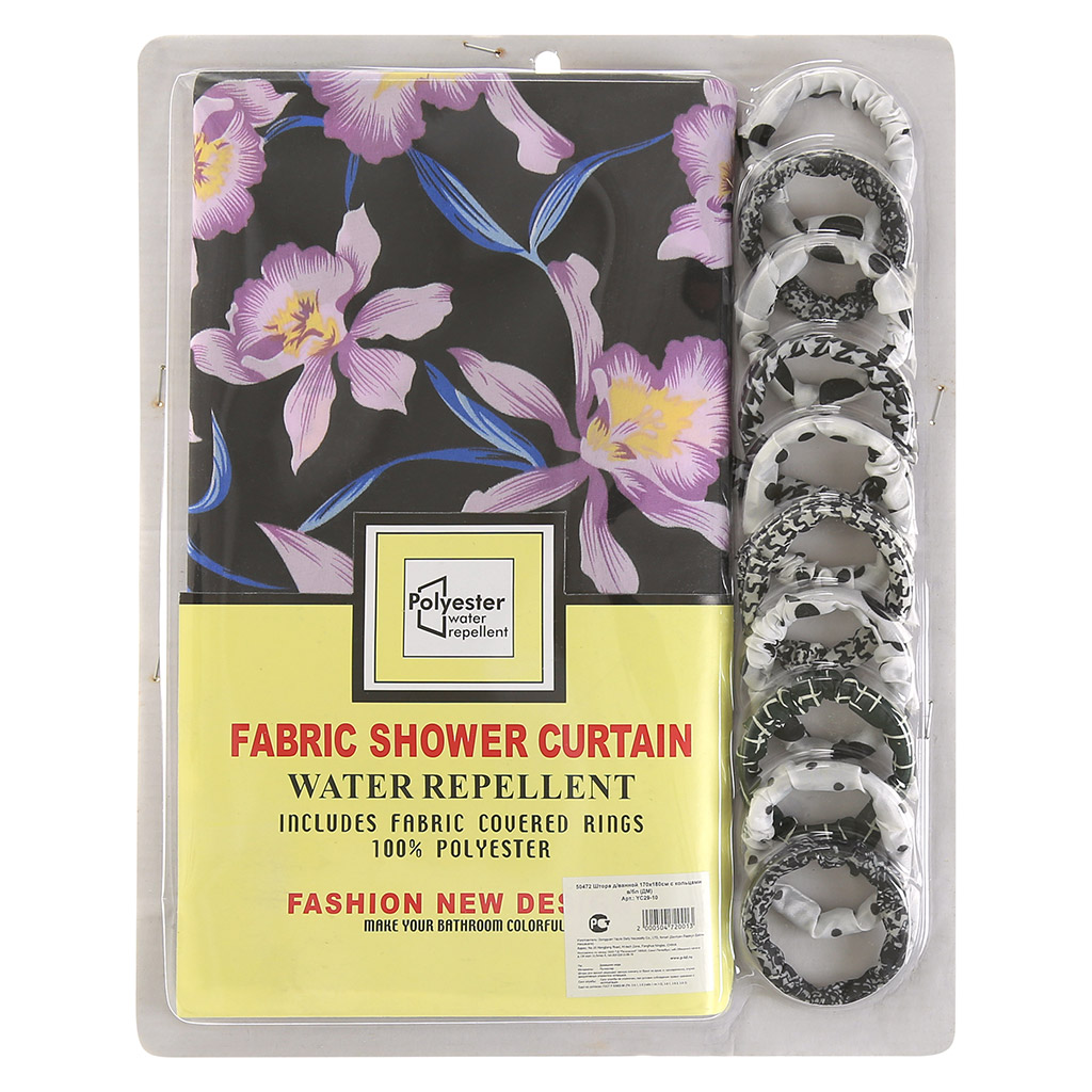 Штора для ванной полиэстер 170х180см "Орхидея" сиреневый, 10 колец в текстильной оплетке, в упаковке на картоне (Китай)