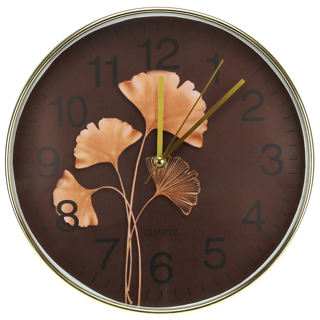 Часы настенные "Листья Гинкго" д30х4,5см, мягкий ход, циферблат фотопечать, пластм. золото (Китай)
