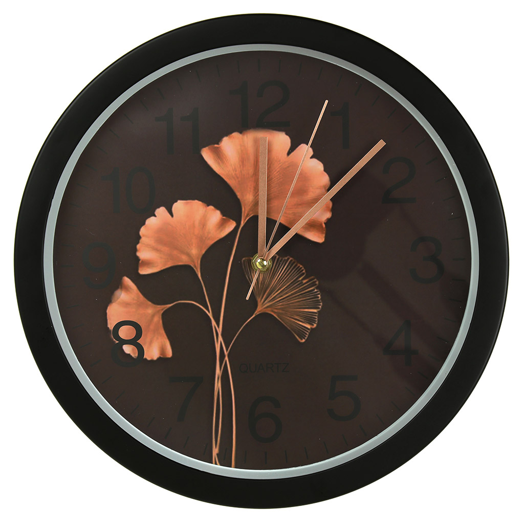 Часы настенные "Листья Гинкго" д32х4см, мягкий ход, циферблат фотопечать, пластм. черный (Китай)