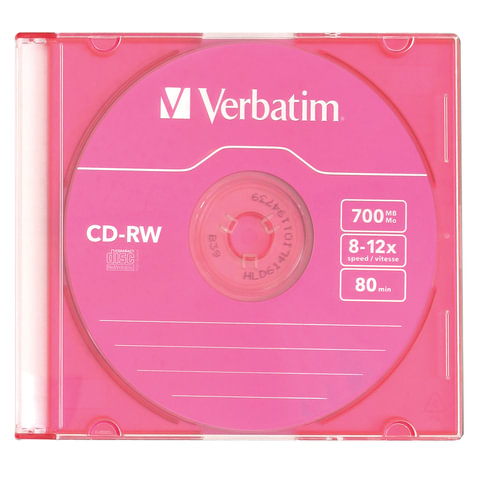 Диск CD-RW VERBATIM, 700 Mb, 8х-12х, Colour Slim Case, 43167