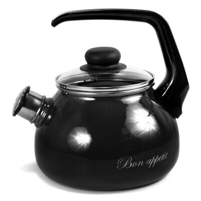 "Bon appetit" Чайник эмалированный 2л, д12см, h13см, со свистком, сферическая форма, стеклянная крышка, мокрый асфальт (Россия)