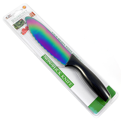 Нож кухонный из нержавеющей стали 28см, лезвие 16см, пластмассовая ручка "Радужный" в блистере (Китай)