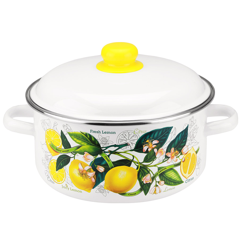 "Лимоны в цвету" Кастрюля эмалированная 4л, д22см, h13см, цилиндрическая форма, металлическая крышка, белый (Россия)