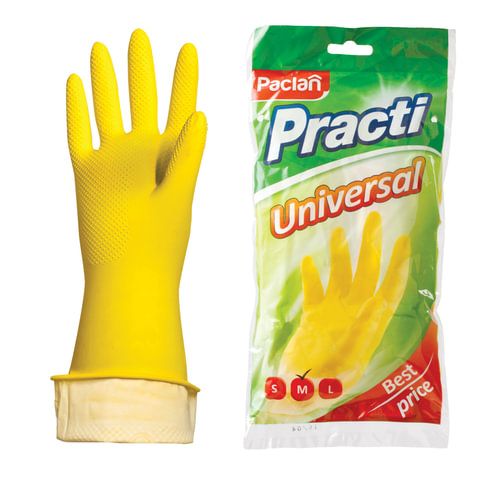 Перчатки хозяйственные латексные, х/б напыление, разм M (средний), желтые, PACLAN Practi Universal