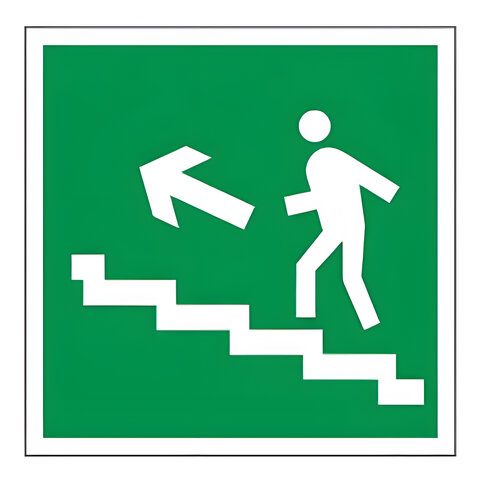 Знак эвакуационный Направление к эвакуационному выходу по лестнице НАЛЕВО вверх, квадрат, 200х200 мм, самоклейка, 610021/Е 16