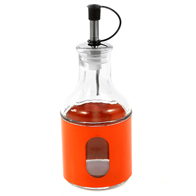 Бутылка для масла стеклянная "В юбке" 200мл, д6,5см, h16см, дозатор из нержавеющей стали, в металлической оплетке, микс цвета, цветная коробка (Китай)