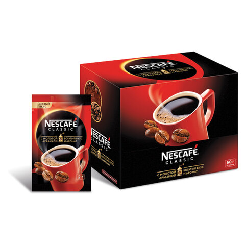Кофе растворимый NESCAFE Classic, 30 пакетов по 2 г (упаковка 60 г), 12386392