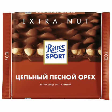 Шоколад RITTER SPORT Extra Nut, молочный, с цельным лесным орехом, 100 г, Германия, 7006