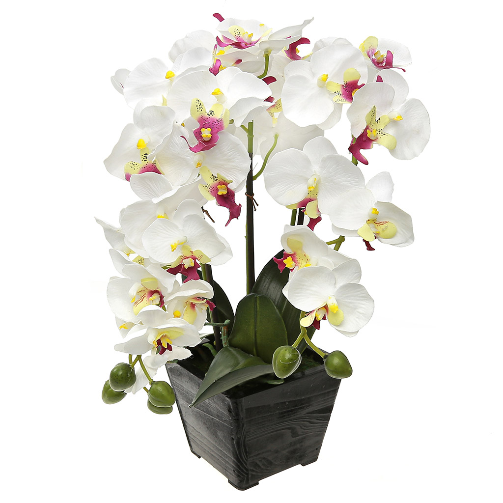 Цветочная композиция "Орхидея" 37см, в деревянном кашпо 11,5х11,5см h10см, цвет белый (Китай)