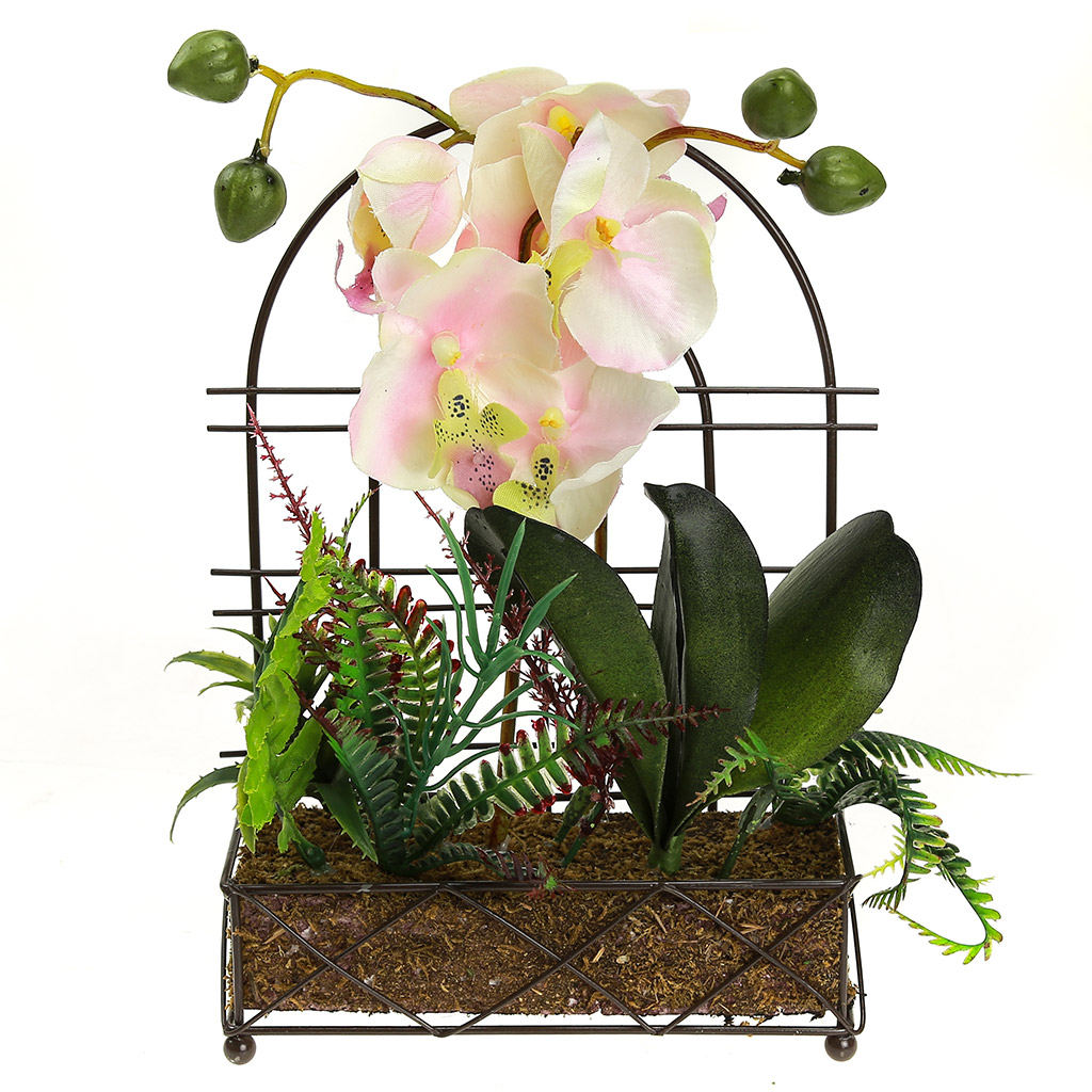 Цветочная композиция "Орхидея" 26см, в металлическом кашпо 15х6,5см h22см, цвет бело-розовый (Китай)