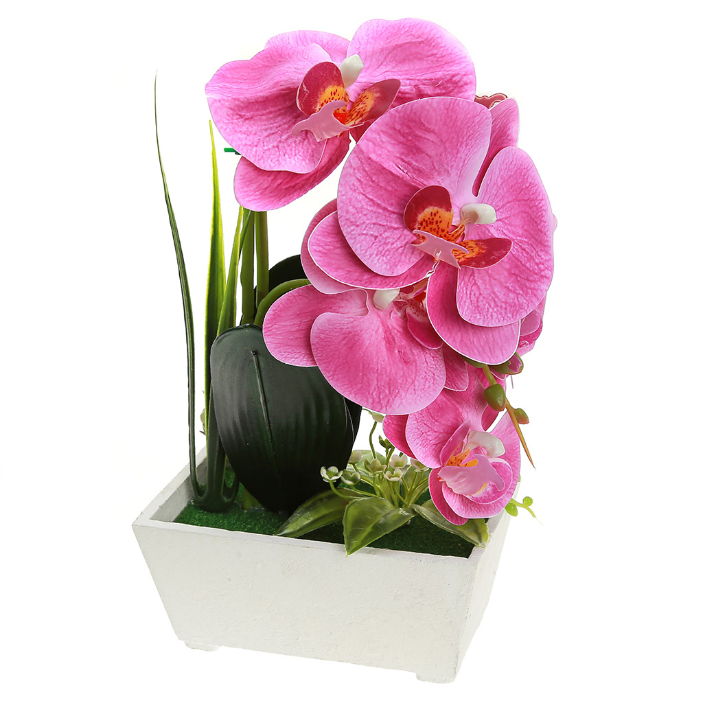 Цветочная композиция "Орхидея" 28см, в деревянном кашпо 15,5х9,5см h7см, цвет фуксия (Китай)