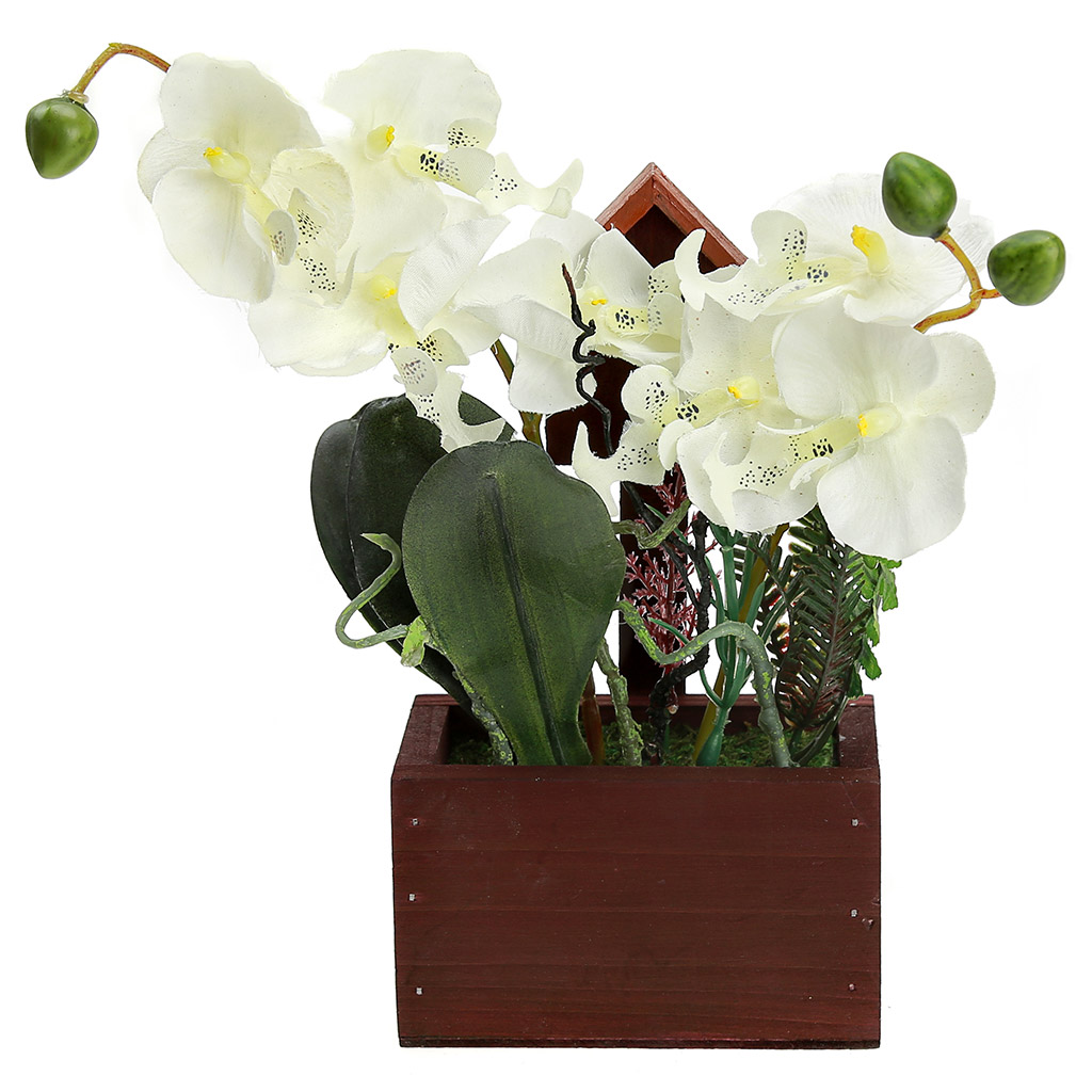 Цветочная композиция "Орхидея" 22см, в деревянном кашпо 12х6см h21,5см, цвет белый (Китай)