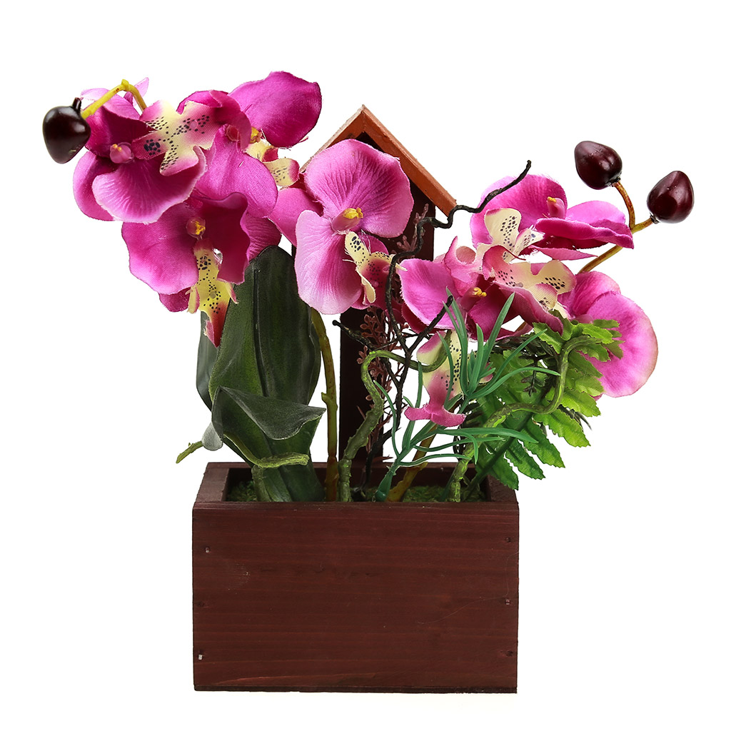 Цветочная композиция "Орхидея" 22см, в деревянном кашпо 12х6см h21,5см, цвет фуксия (Китай)