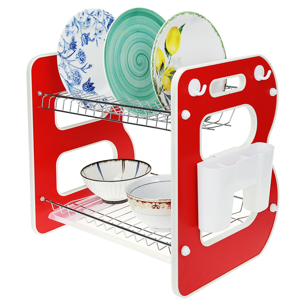 Сушилка для посуды "Верона" 39х27см h34см 2-х ярусная, настольная, с поддоном, с навесной подставкой для кухонных принадлежностей, хром/МДФ, цвет - красный, цветная коробка (Китай)