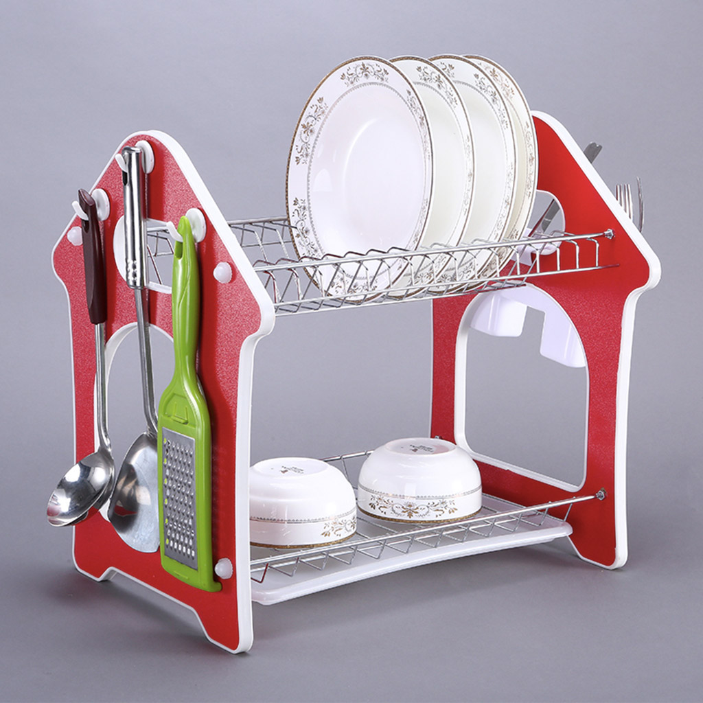 Сушилка для посуды "Домашняя" 39х30,5см h35см 2-х ярусная, настольная, с поддоном, с навесной подставкой для кухонных принадлежностей, хром/МДФ, цвет - красный, цветная коробка (Китай)