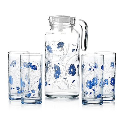 "Блю Серенейд (Serenade Blue)" Набор для воды стеклянный 5 предметов: кувшин 1,3л, д10см, h23см, стакан 290мл, д6см, h13см - 4шт, цветная коробка, Pasabahce (Россия)