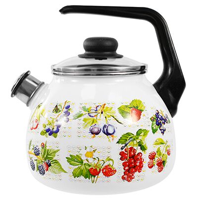 "Вкус лета" Чайник эмалированный 3л, д20см, h16см, со свистком, сферическая форма, стеклянная крышка, пластмассовая фиксированная ручка, белый (Россия)