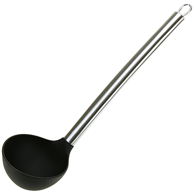 "Дуэт" Половник пластмассовый для тефлоновой посуды 130мл, 30,5см, черный, ручка из нержавеющей стали (Китай)