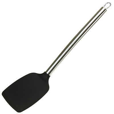 "Дуэт" Лопатка кулинарная пластмассовая для тефлоновой посуды 35см, черный, ручка из нержавеющей стали (Китай)
