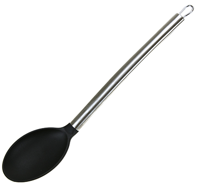 "Дуэт" Ложка гарнирная для тефлоновой посуды пластмассовая 34см, черный, ручка из нержавеющей стали (Китай)
