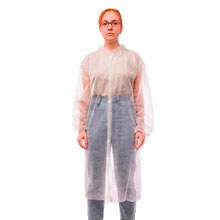 Халат одноразовый XL/110см, на липучке, спанбонд, 25мкм, водонепроницаемый, рукав на резинке, размер 48-50, белый, в упаковке 10шт, ТУ 13.92.29-009-64015714-2024, "SMZ" (Россия)