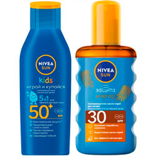 Набор Nivea Sun для защиты от солнца, детский лосьон Играй и купайся SPF 50+, 200 мл + масло-спрей Защита и загар SPF 30, 200 мл