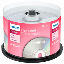 Диск DVD-R PHILIPS, 4,7 Гб, 16x, Cake Box (упаковка на шпиле), КОМПЛЕКТ 50 шт.