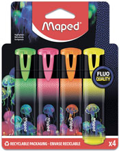 Текстовыделители MAPED DEEPSEA PARADISE декорированный, пишущий узел 1-5мм, цвета ассорти, 4 штуки, в упаковке с подвесом