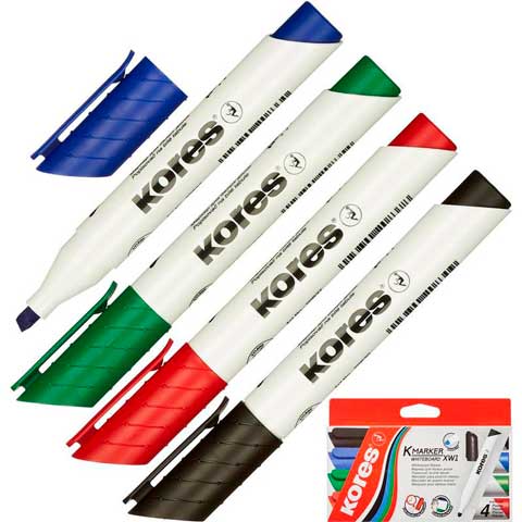 Набор маркеров для белых досок Kores 20845 4 цвета (толщина линии 3-5 мм) скошенный наконечник