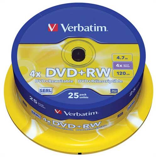 Диск DVD+RW 4.7Gb Verbatim 4x Cake Box (25шт)